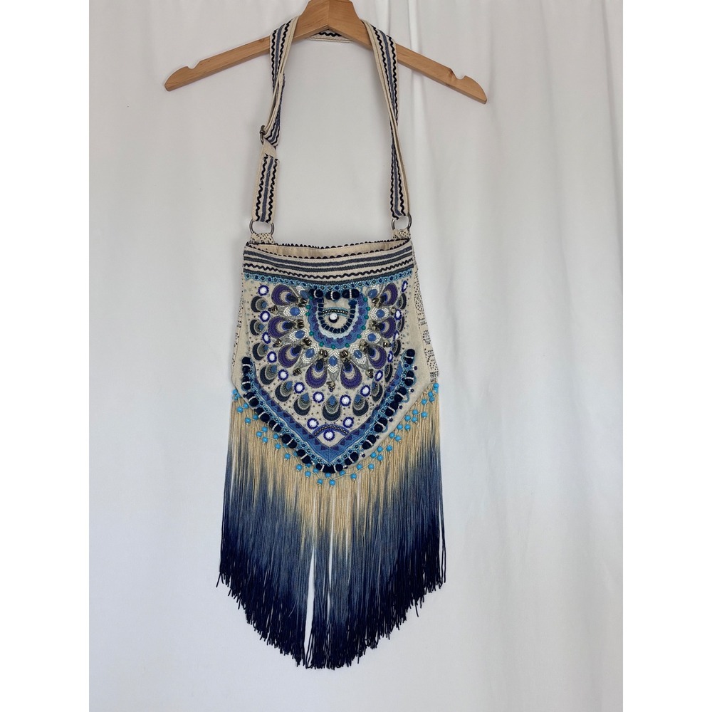 LaBellum Hillary Scott Blue Beaded Boho Fringe Crossbody Bag Cotton Ombre Navy